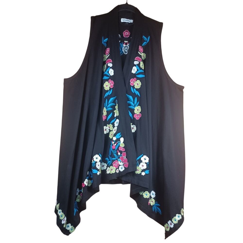 Boho Embroidered Floral Vest Artsy Lagenlook Festival Layering Black Small